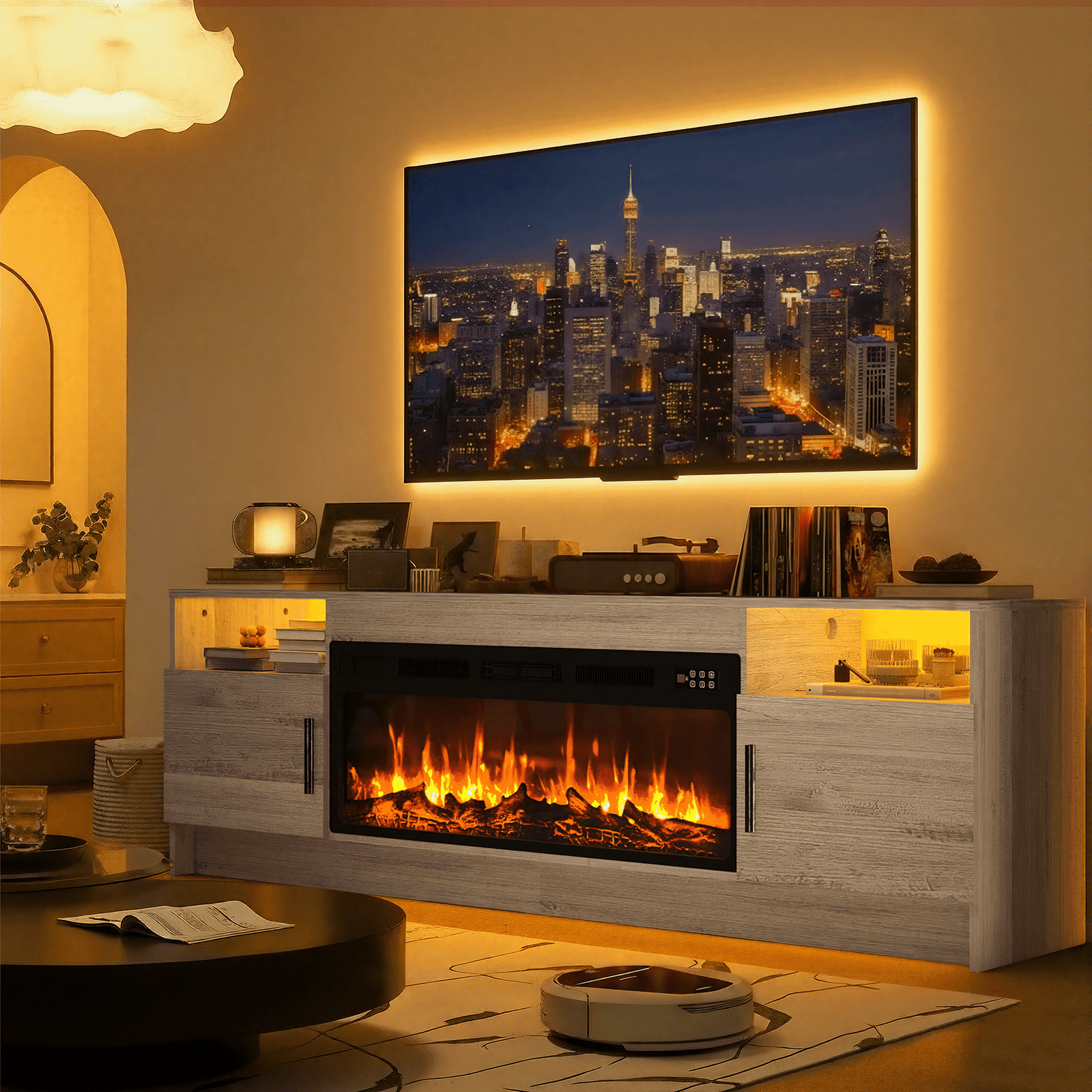 Rocyis 70” TV Stand with 3D Realistic Log Flame Electric Fireplace, Entertainment Center for TVs Up to 80-Inch, Modern TV Console with High Glossy Doors & LED Lights