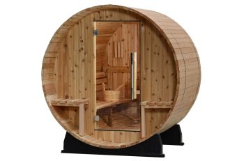 Vienna 2-Person Canopy Barrel Sauna in Rustic Cedar