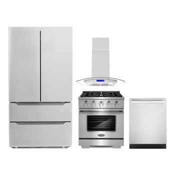 Cosmo 4 Piece Kitchen Appliance Packages with 30" Freestanding Gas Range 30"Island Range Hood 24" Built-in Integrated Dishwasher & French Door Refrigerator Kitchen Appliance Bundles