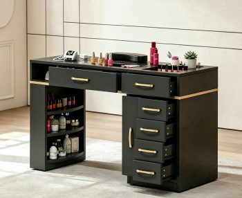 Manicure Table for Nail Tech, Glass Top Nail Desk w/Electric Dust Collector, Beauty Workstation w/ 7 Drawers & Shelves ()