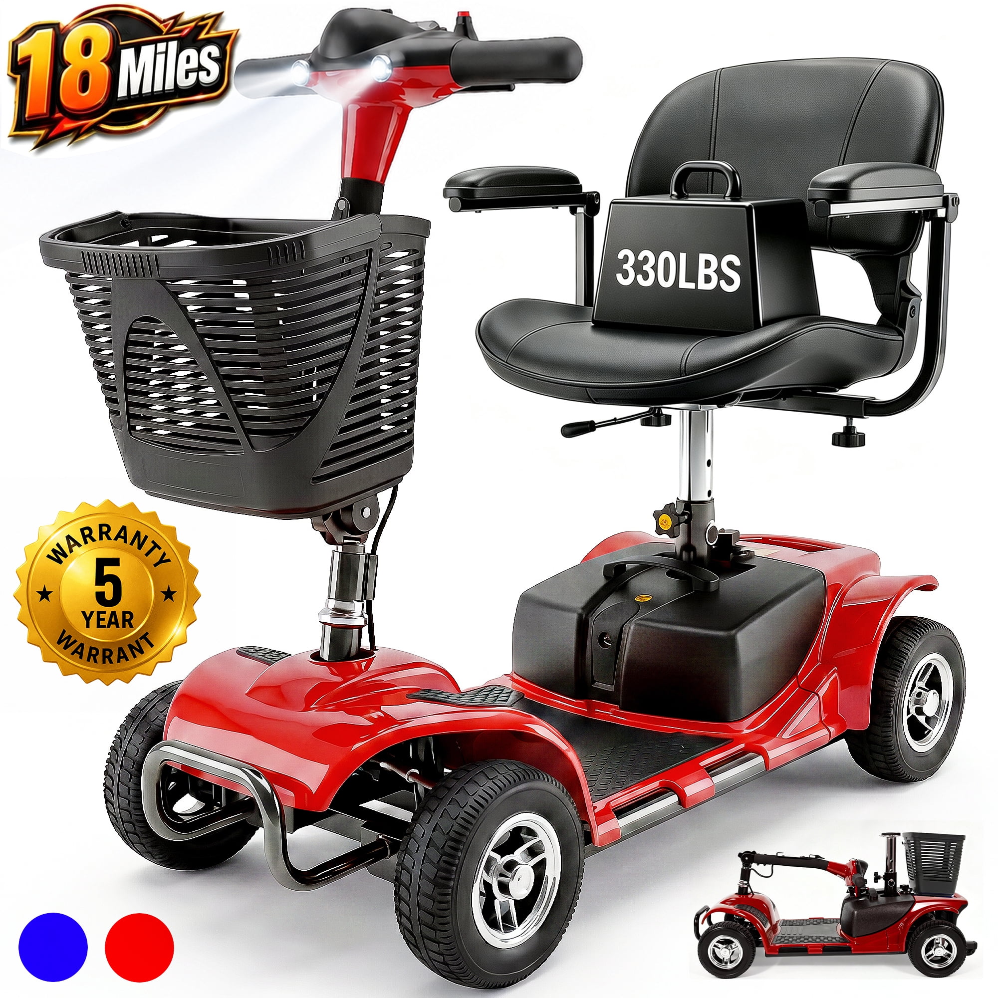 SACVON 4 Wheel Mobility Scooter for Seniors, Foldable Electric Scooter for Adults, 330 lbs Capacity, 18 Mile Range, 350W Motor, Swivel Seat