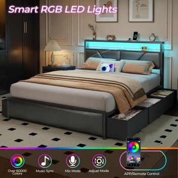 Satifur Bed Frame with 6 Storage Drawers, Metal Platform Bed Frame with 2-Tier Storage Upholstered Headboard & LED, Built in Charging Station, Noise-Free, No Box Spring Needed