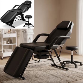 Heavy Duty Tattoo Chair 330lbs Capacity Massage Bed Adjustable Spa Massage Table Professional Esthetician Salon Chair with Matching Stool Black