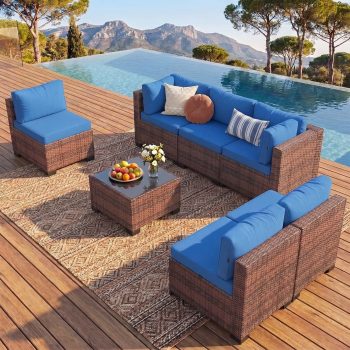 Clouddwell 7 Piece Outdoor Patio Furniture Set, Wicker Rattan Patio Sectional Sofa Set