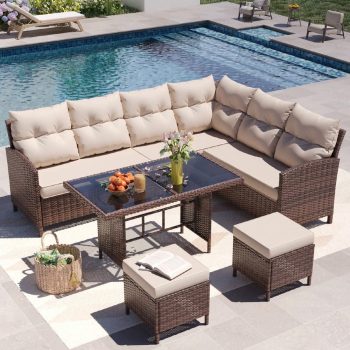 AMOPATIO 7-Piece Patio Furniture Set, Outdoor Sectional Sofa with Dining Table, All Weather Rattan Conversation Set with Ottoman, Khaki