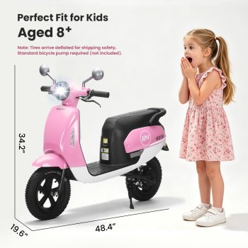 Track Seven 24V Kids Electric Motorcycle, 250W Brushless Motor Ride-on Scooter Moped for Boys Girls Ages 8+, 12" Pneumatic Tires, Bluetooth, Max 10 Mph, Bonus Storage Cover