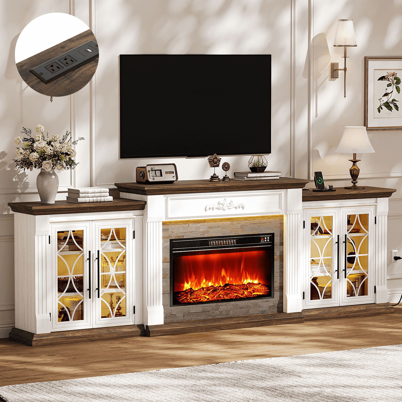 Holliwill 104" Fireplace TV Stand with 30" Electric Fireplace & LED Lights & Charging Station, 3 in 1 Modular Entertainment Center for Living Room, White & Brown