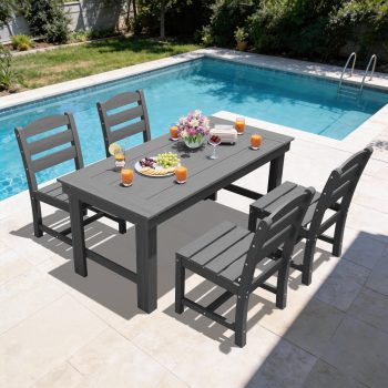 SERWALL 5-Piece HDPE Outdoor Dining Table Set, All-Weather 67-Inch Patio Table and 4 Armless Chairs for Deck, Lawn or Garden