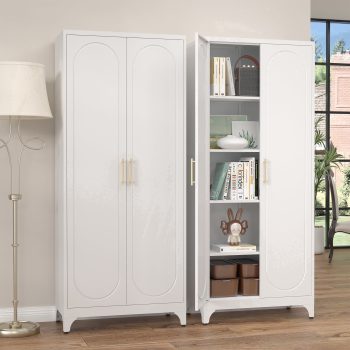 SteeLoong 75"H Kitchen Pantry Cabinet,Metal Storage Cabinet, with 2 Door and 4 Adjustable Shelves,White Cupboard for Livingroom,Pantry,Kitchen
