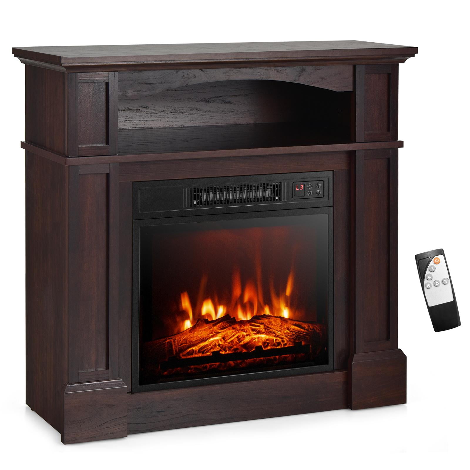 32" Electric Fireplace w/Mantel and Remote Control, Freestanding Heater w/3-Level Adjustable Flame Brightness & Overheat Protection