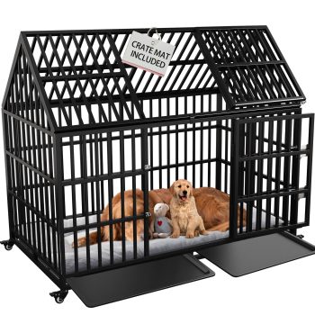 Heavy Duty Dog Crate 54 inch with Mat Indestructible Pet Dog Cage Crate Kennel with Roof Top 2 Doors Removable Trays, Lockable Wheels Escape-Proof for High Anxiety Large/Extra Large Dogs