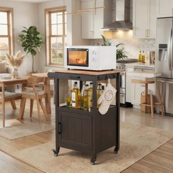 Rolling Kitchen Island Cart with Rubber Wood Countertop, Mobile Storage Cart Featuring Drawer, Cabinet, Shelf and Side Hooks, Compact Microwave Stand for Small Kitchen Spaces