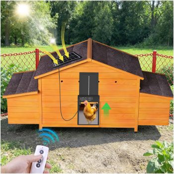 Automatic Chicken Coop with Solar Powered Door and Remote, Weatherproof Solid Wood Hen House with Ventilation, 2 Nesting Boxes and Pull-Out Tray for Easy Daily Care, Orange-Red