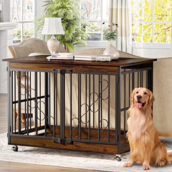 48 Inch Furniture Style Dog Crate for Large Dogs, Heavy Duty Double Door Dog Kennel with Lockable 360° Casters, Decorative Indoor Pet Cage Side Table