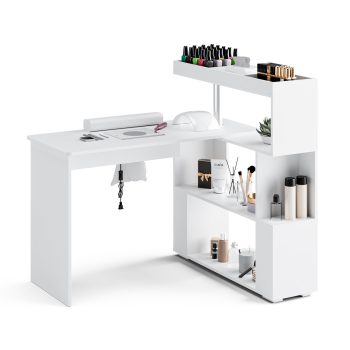Advwin Manicure Table Nail Desk with Dust Collector, L-Shaped Nail Tech Desk with Storage Shelf, Rotating Reversible Beauty Nail Salon Station for Salon & Home Use