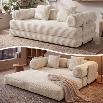LazySunsets Sofa Bed Convertible Boneless Couch Corduroy Modular Couch Bed with Fixed-Shape Frame & Removable Armrests for Living Room, Bedroom