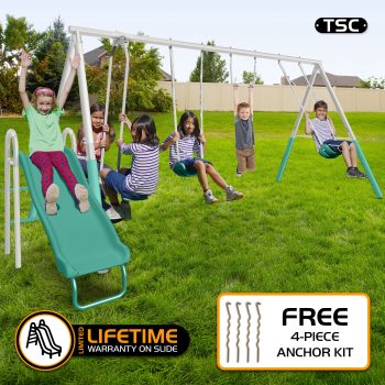 The Swing Company Yonkers Metal Swing Set with Glide Ride Trapeze Bar and 5' Slide