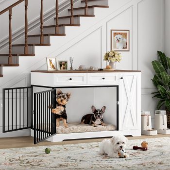 Homfa Dog Crate with Storage Cabinet and 2 Drawers, Indoor Furniture Style Wooden Large Dog Kennel