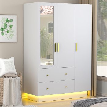 Blotout 70" Armoire Wardrobe Closet with Mirror, LED Wardrobe Armoire with 2 Drawers, Wood Armoire Storage with Hanging Rods and Multi-Layer Shelves