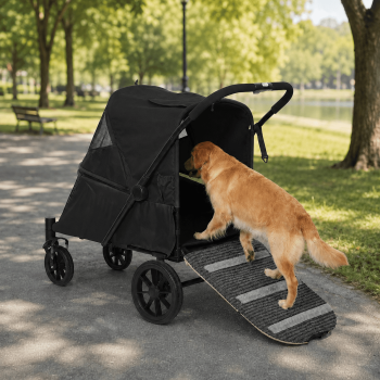 LAUSAINT HOME 4 Wheels Pet Stroller, Foldable Extra Large Dog Stroller for Medium & Large Dogs/Cats with Built-in Access Ramp, Dog Carrier Cat Stroller with Breathable Mesh