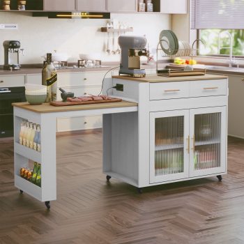 CBJCBJ Kitchen Island with Storage | Expandable Retractable on Wheels 71.65" L | Space-Saving of Island Cart