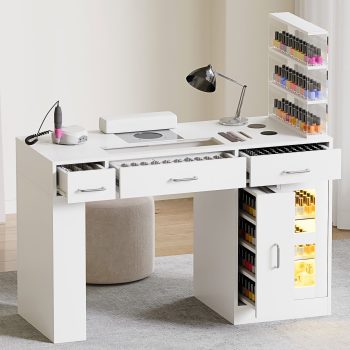 Advwin Manicure Table Nail Tech Desk with Glass Top Drawer, LED Lights, Dust Collector, Wireless Charging & Movable Shelves, Acetone-Resistant Salon Workstation