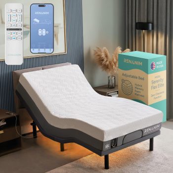 Renanim SFE Twin XL Adjustable Bed Frame with Mattress - 14" Hybrid Memory Foam - Zero Clearance, Zero Gravity - Electric Massage, Underbed Lights, 4 USB Ports