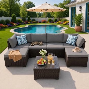 7-Piece Outdoor Patio Furniture Set, PE Rattan Sectional Sofa for 6 with Tempered Glass Table & Waterproof Cushions, All-Weather Conversation Set for Garden - Gray