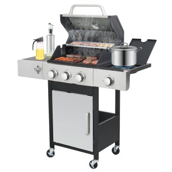 Nice Cooker 3-Burner Propane Gas Grill with Side Burner, Cast Iron Grates, Double Layer Lid