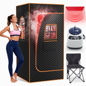 Sunyrisy Portable 1-Person Infrared Sauna Box with Red Light Therapy (660 & 850nm) – 1200W/3L Steamer, 9 Temp Levels, 99-Min Timer, Folding Chair & 5-Layer Insulation