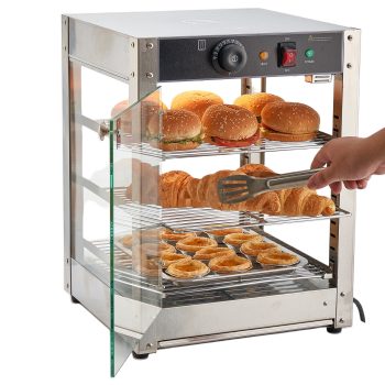 KFFKFF 3-Tier Commercial Food Warmer Display, 800W Food Display Unit with LED Lighting, Adjustable Shelves, Stainless Steel Construction, 86~185 Air Heating, 34L Capacity for Various Foods