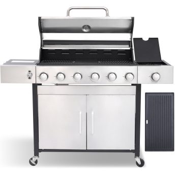 6-Burner Propane Gas Grill w/Side Burner, 65850 BTU Stainless Steel BBQ, Enameled Cast Iron Grates and Griddle Plate, 620 Sq.In. Large Cooking Area for Outdoor Backyard Patio