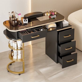 Manicure Table for Nail Tech, Glass Top Nail Desk Station w/4 Drawers & 2-Tier Storage Shelves, Salon Beauty Workstation Acetone Resistant w/Golden Handles (Black)