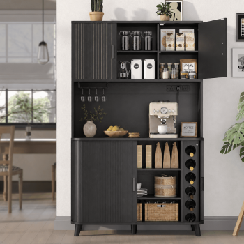 Aufeile 71" Tall Pantry Storage Cabinet, Modern Coffee Bar Hutch with Tambour Sliding Door, Freestanding Kitchen Storage Cupboard with Charging Station & Microwave Stand for Dining Room