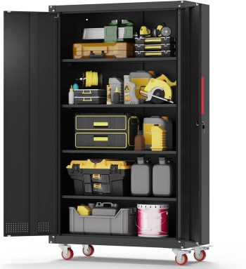 Eltean Metal Garage Cabinets with Wheels| 71" Steel Lockable Garage Storage Cabinet with 4 Adjustable Shelves, Heavy-Duty Tool Storage Cabinet for Home, Basement, Workshop (Black)