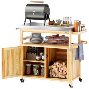 NOBOLEA Outdoor Grill Cart, 3-Tier Kitchen Island with Stainless Steel Top, Storage Cabinets, and Wheels, Portable Prep Table for Patio, Backyard and BBQ