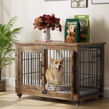 GIKPAL 32-Inch Dog Crate Furniture with Padded, 2-Door Wooden Wheels, Indoor Dogs Kennel for Small to Medium up to 45 lbs