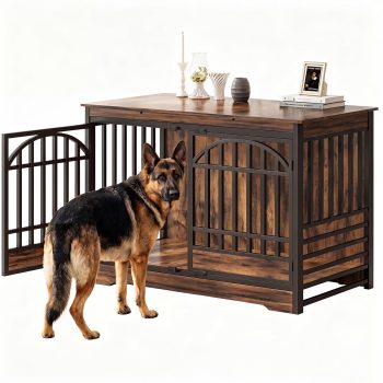 Scohul 52 inch Dog Crate Furniture for Large Dogs, Heavy Duty Indoor Kennel with Double Arched Doors, XL, Rustic