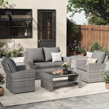 ELPOSUN Wicker Patio Furniture Set, 4 Piece Outdoor Sectional Conversation Sets, PE Rattan Patio Sofa Set for Balcony, Porch, Backyard, Grey
