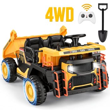 Wisairt 24V Ride On Dump Truck for Kids, 2 Seater 4WD Electric Truck, 4×200W Motors, Power Car Wheel with Remote Control, Automatic Dump Bed, Shovel, Music