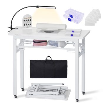 Advwin Folding Manicure Nail Table w/ Dust Collector, LED Lamp, Wrist Cushion, Carrying Case & Rolling Wheels, Portable Nail Tech Desk Mobile Nail Workstation, Marble
