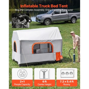 KFFKFF Inflatable Truck Bed Tent, 7.2 x 5.4 FT 3-Season Camping Tent with Mesh Windows, PU2000mm Waterproof Design for Outdoor Adventures - Includes Air Pump