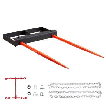 KFFKFF 49" Hay Spear, Bale Spear with 3000 lbs Capacity, Tractor Bucket Attachment for Skid Steer Loader, Includes 2 Stabilizer Spears (17.5") and 60" Chain, Quick Attach Forks