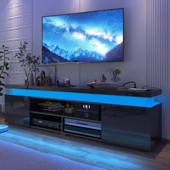 LED TV Stand for TVs up to 75" with Power Outlets, 66" High Gloss Gaming Entertainment Center Media Console with Sound Bar Shelf