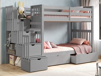 Bedz King Tall Stairway Bunk Beds Twin over Twin with 4 Drawers in the Steps and 2 Under Bed Drawers