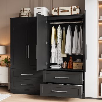Laisnet 65"H Armoire Wardrobe Closet, 2-Door Wood Wardrobe Closet with 2 Drawers, Clothes Storage Cabinet with Hanging Rod for Bedroom, Black