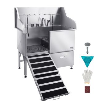 VEVOR Stainless Steel Dog Washing Station, 50 inch Pet Grooming Tub w/ Ramp, Faucet & Showerhead & Soap Holder Leash Dog Bathtub(Left Door)