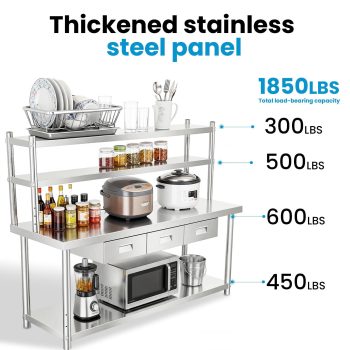 Stainless Steel Food Prep Table, 72x24 Inch Commercial Work Table With Overshelves, 3 Storage Drawers & Adjustable Undershelf, Metal Utility Workstation For Restaurant Boba Shop
