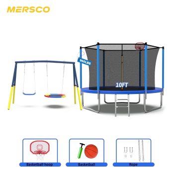Mersco 10FT Heavy Duty Trampoline with Enclosure Net, Swing Set Outdoor Big Trampoline for Backyard,Kids Trampoline with Basketball Hoop,Birthday and Holiday Gifts for Kids