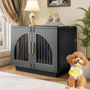 ModFurne Dog Crate Furniture End Table, 31.5" Wooden Dog Kennel with Double Arched Doors & 4 Lock Latches, Sturdy Iron Bar Dog Cage, Decorative Pet Crate for Medium/Small Dogs